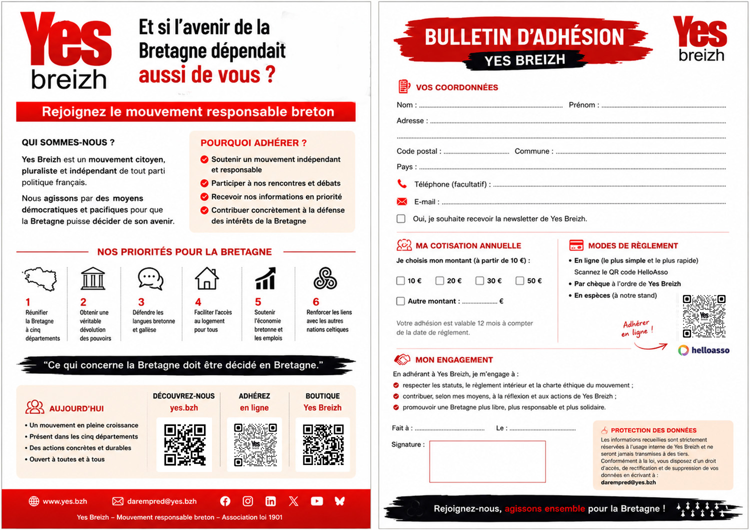 Aperçu du bulletin d’adhésion Yes Breizh en français