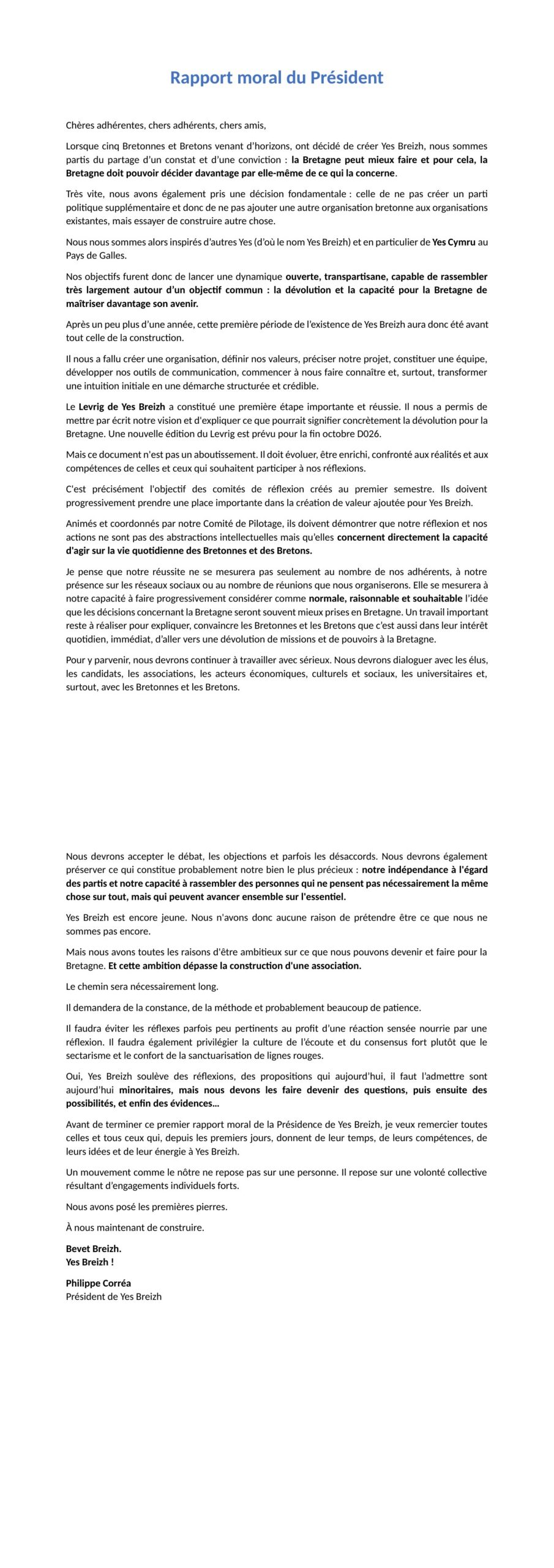Aperçu du Rapport moral 2026 du Président de Yes Breizh